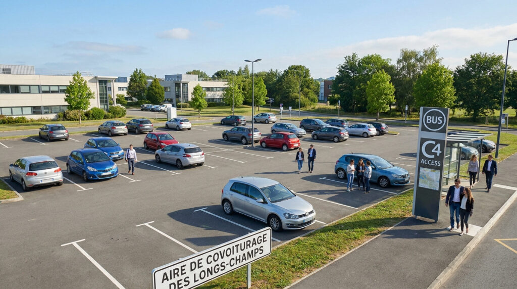 Vue d'une aire de covoiturage à Rennes avec voitures, piétons, arrêt de bus C4 et bâtiments modernes en arrière-plan.