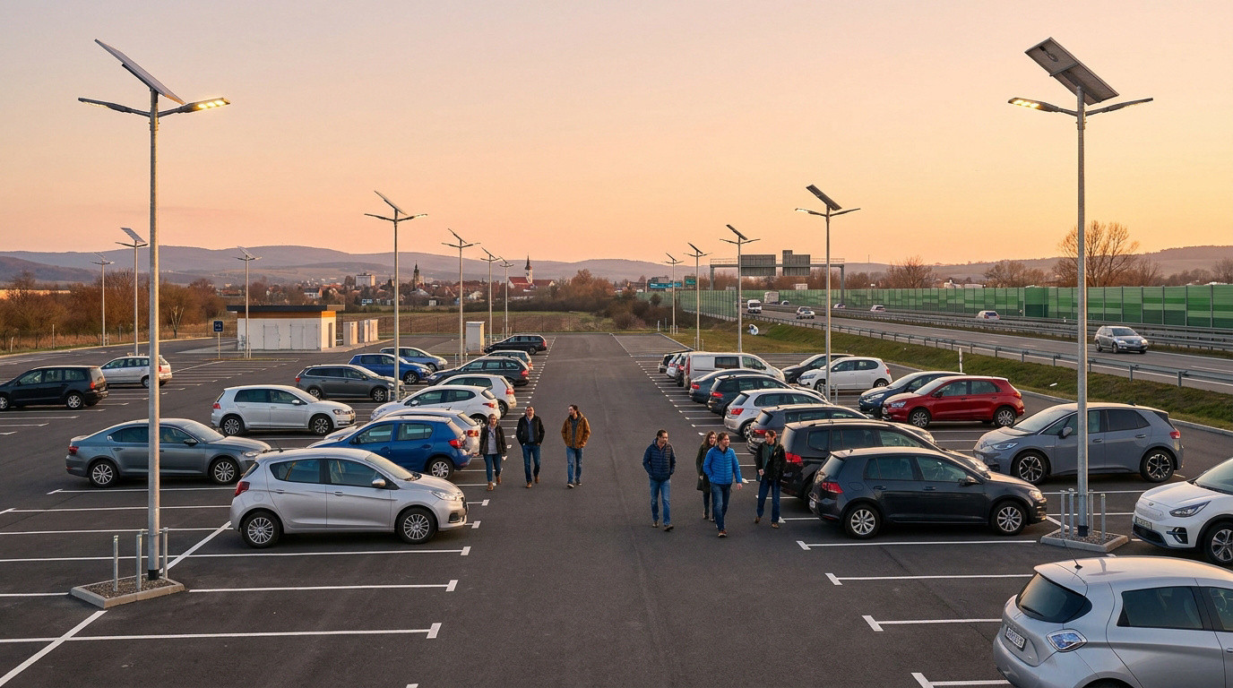 Vaste aire de covoiturage moderne avec des voitures, lampadaires solaires, personnes et autoroute au coucher du soleil.