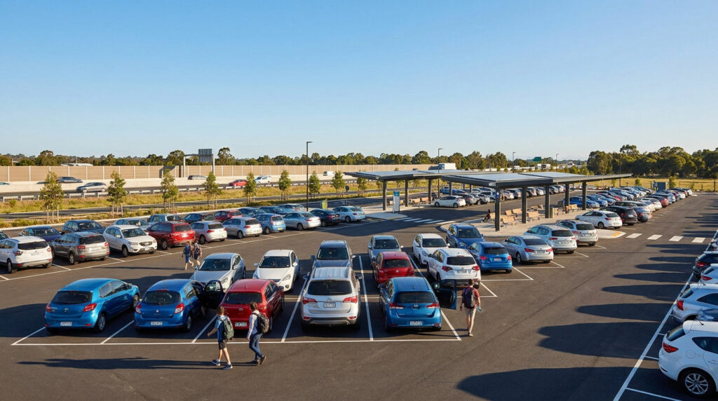 Grande aire de stationnement extérieure remplie de voitures, avec des abris solaires et une autoroute en arrière-plan.