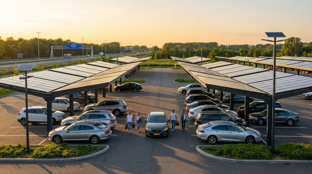 Vue aérienne d'une aire de covoiturage avec ombrières solaires, voitures et personnes. Autoroute en arrière-plan, lumière dorée.