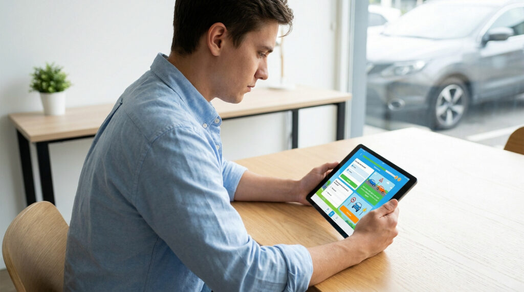 Homme en chemise bleue utilisant une tablette pour réviser le code de la route. L'écran affiche des exercices et panneaux. Voiture visible dehors.