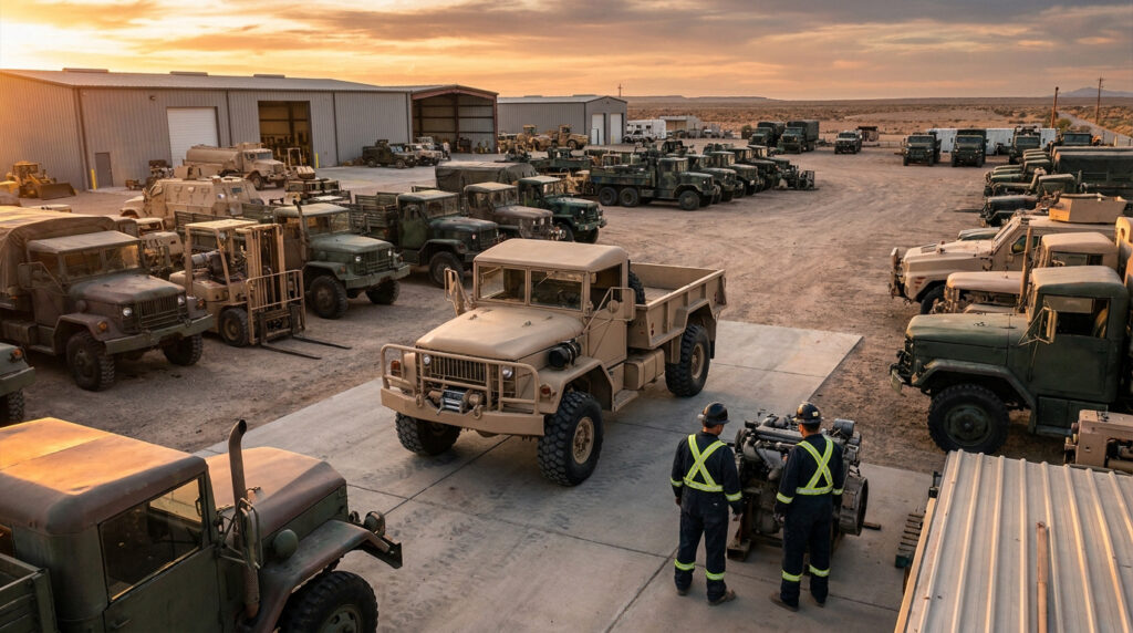Entrepôt Morlock Motors: des dizaines de véhicules militaires, camions et chariots élévateurs. Deux hommes inspectent un moteur au crépuscule.