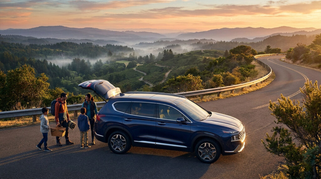 Une famille avec deux enfants décharge un Hyundai Santa Fe bleu sur une route de montagne au lever du soleil, entourés de forêts et de brume.