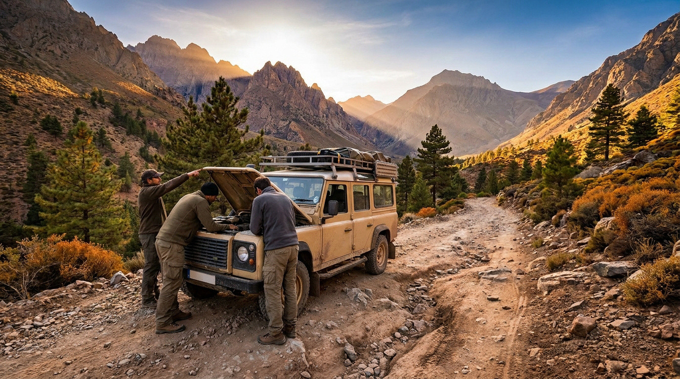 Trois hommes réparent un Land Rover Defender beige capot ouvert sur une piste de montagne rocailleuse, au coucher du soleil.