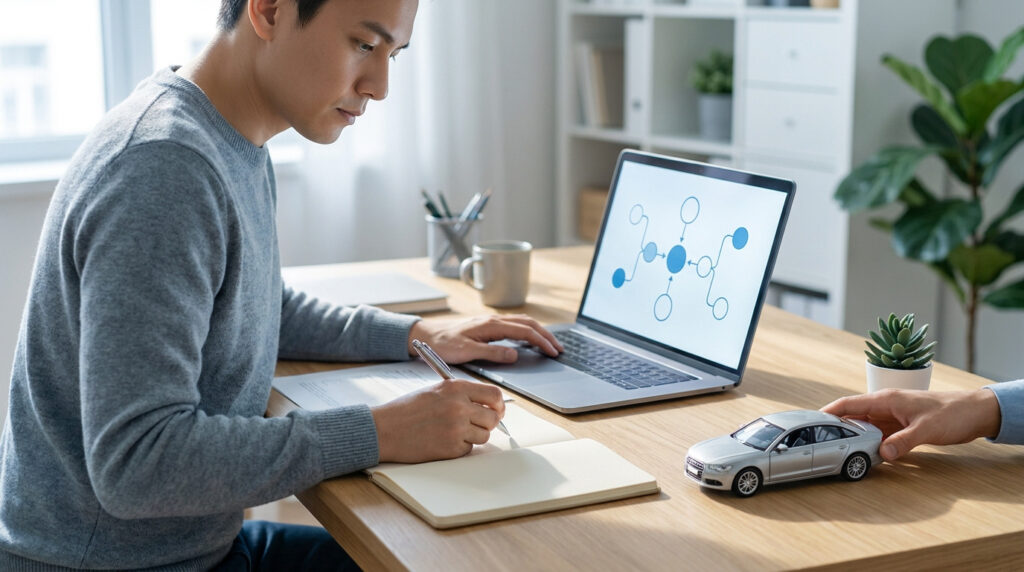 Un homme étudie un diagramme sur son ordinateur portable, prend des notes, tandis qu'une voiture miniature est posée sur le bureau.