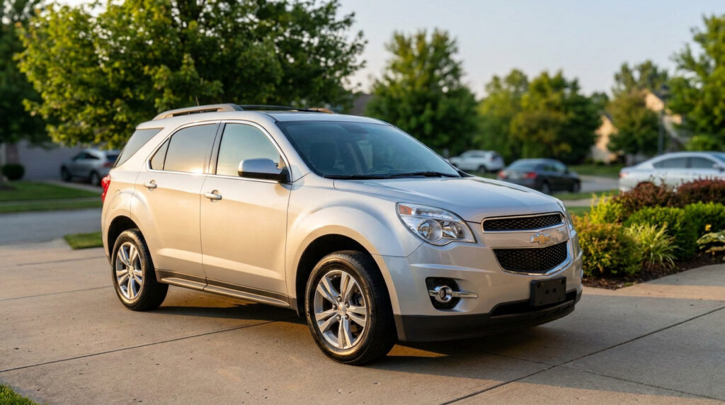 SUV Chevrolet Equinox gris clair, vue avant-trois-quarts, garé sur une allée. Arbres et quartier résidentiel en arrière-plan.