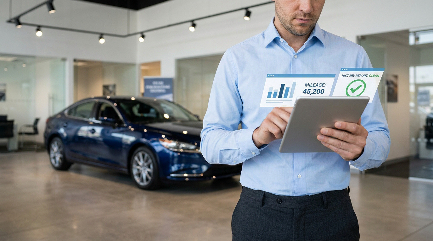 Homme en chemise bleue consulte une tablette affichant kilométrage et un rapport "Clean" pour une voiture bleue dans un showroom auto.