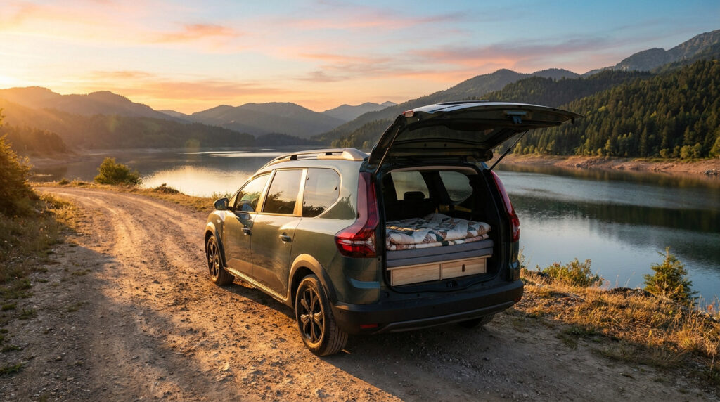 Dacia Jogger aménagé vert garé au bord d'un lac montagneux au coucher de soleil, hayon ouvert révélant lit et tiroirs.
