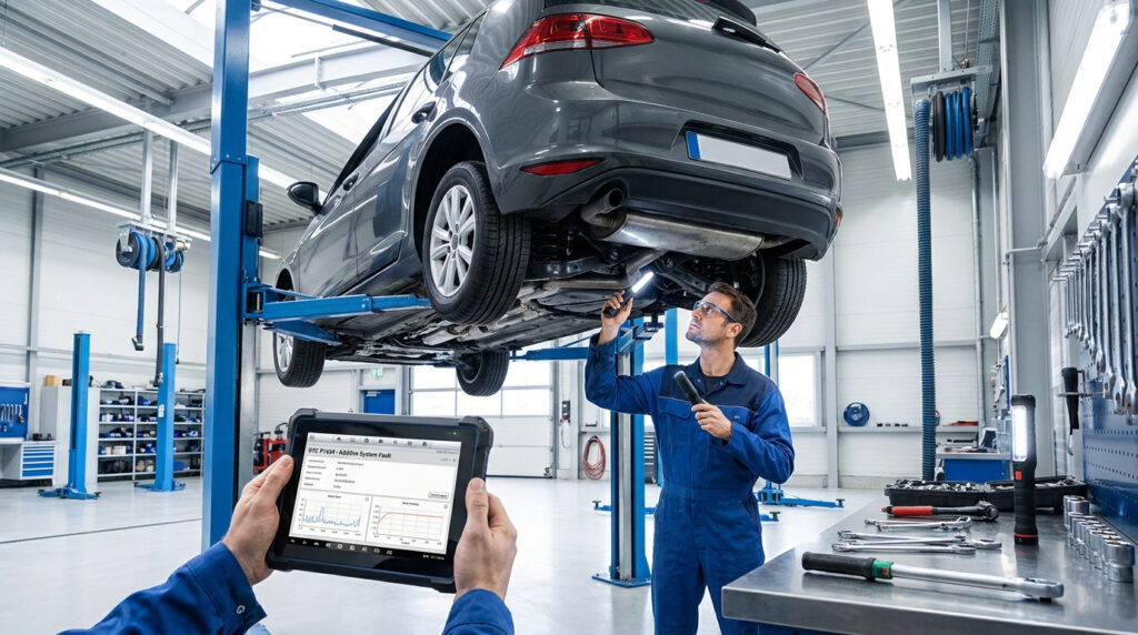 Mécanicien diagnostiquant une Peugeot sur pont élévateur, tablette affichant le code P1434 de défaut pompe additif.