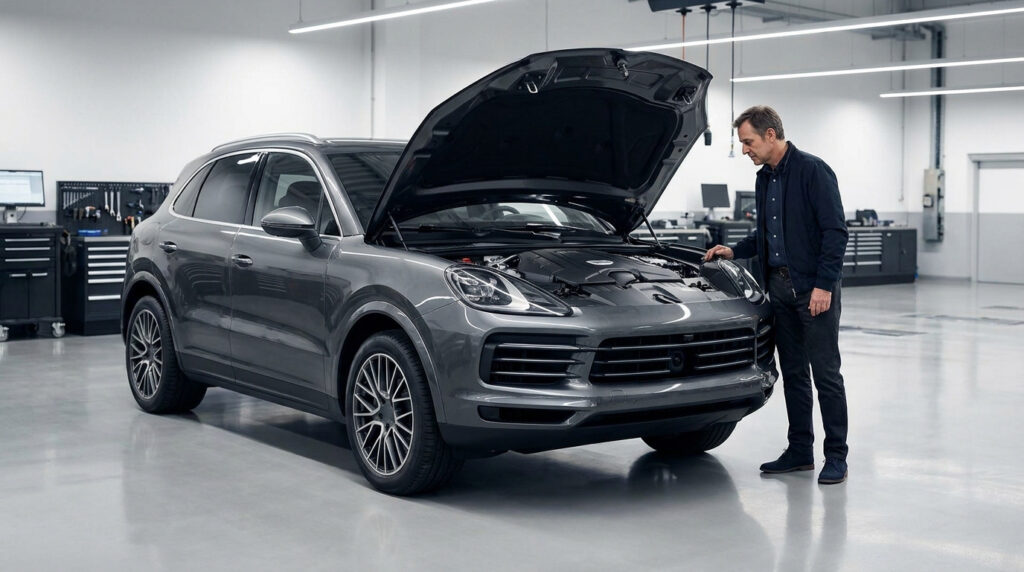 Un homme inspecte le moteur d'un Porsche Cayenne gris dont le capot est ouvert dans un atelier moderne.