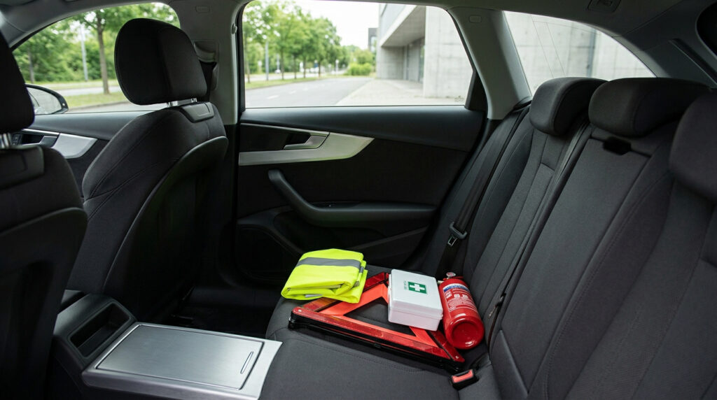 Gilet jaune, triangle de signalisation, trousse de secours et extincteur sur la banquette arrière d'une voiture moderne, prêts à l'emploi.