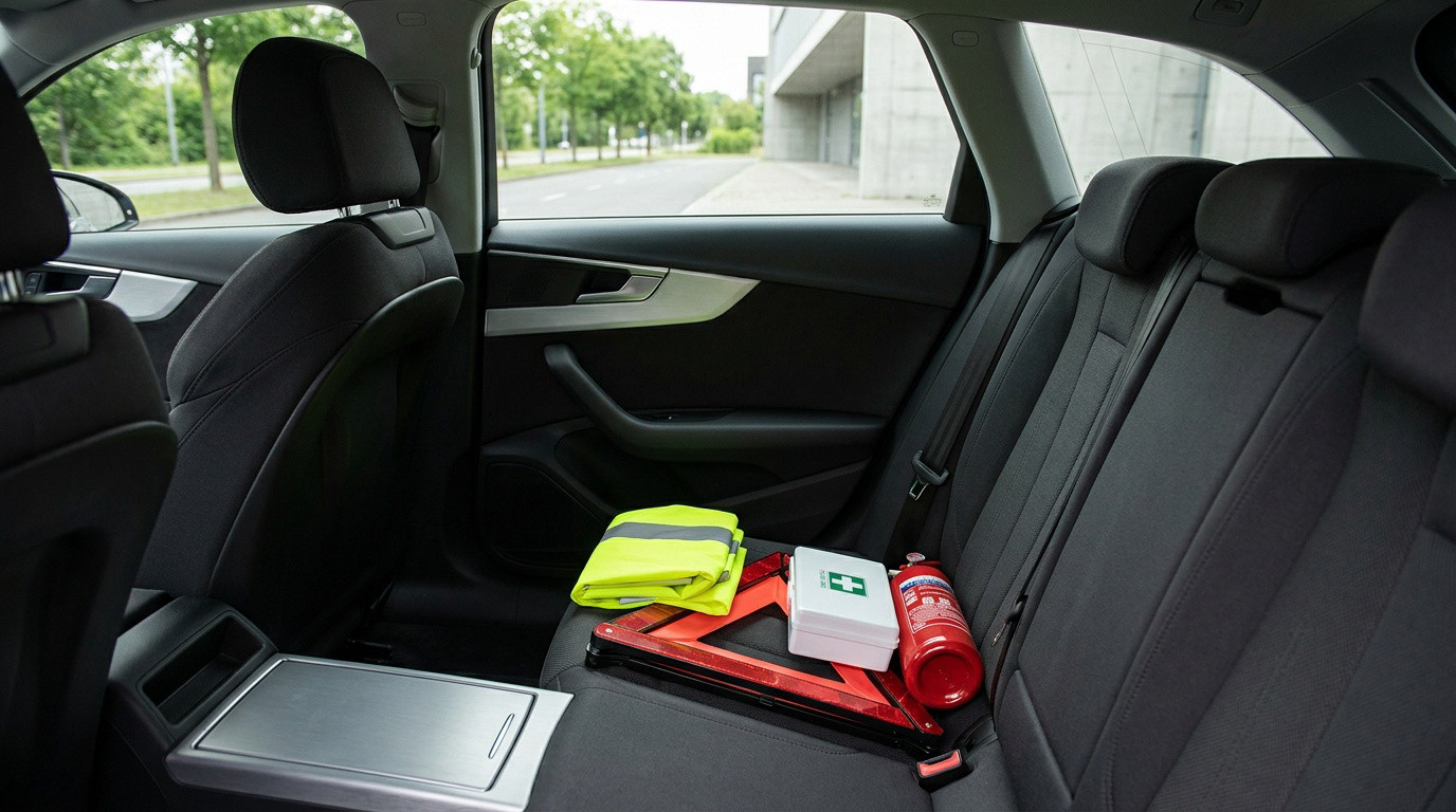 Gilet jaune, triangle de signalisation, trousse de secours et extincteur sur la banquette arrière d'une voiture moderne, prêts à l'emploi.