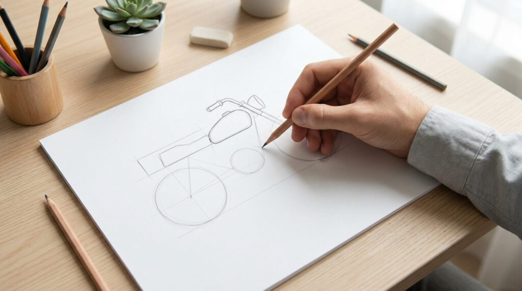 Une main dessine une esquisse de moto au crayon sur une feuille blanche, avec des outils de dessin sur une table en bois clair.