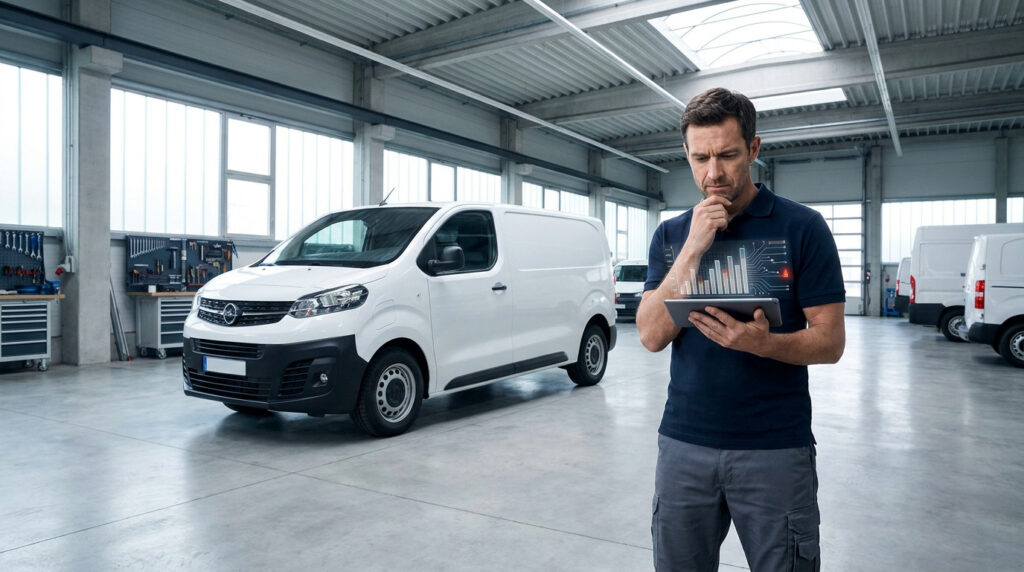 Un homme analyse des données (graphiques, circuit) sur une tablette devant un utilitaire Opel blanc et d'autres fourgons dans un entrepôt.