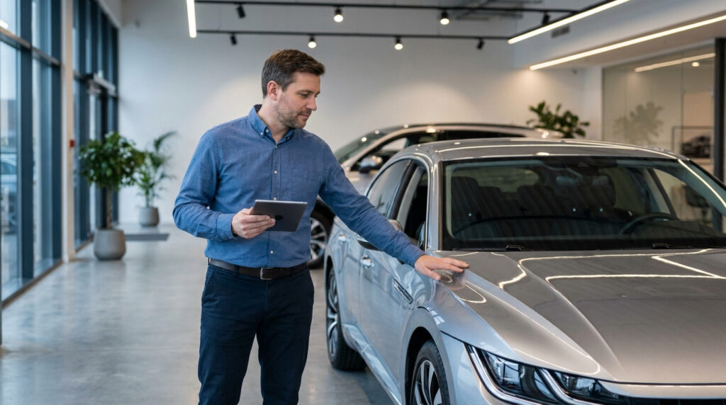 Homme en chemise bleue inspecte une berline argentée neuve dans un showroom moderne, tablette à la main, touchant le capot.