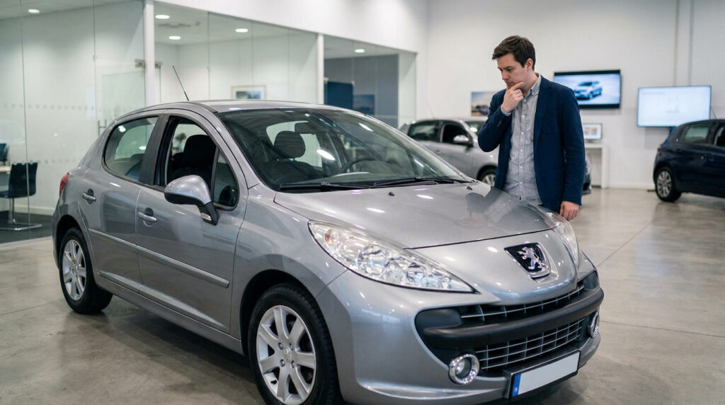 Homme en blazer évaluant attentivement une Peugeot 207 grise dans un showroom. Il touche son menton, l'air réfléchi.