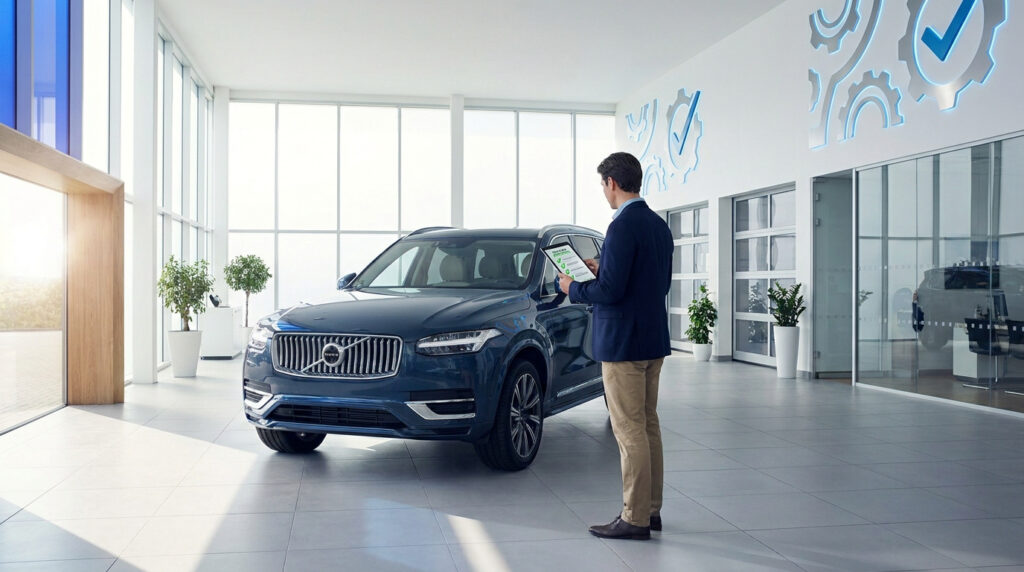 Homme en blazer vérifiant un SUV Volvo bleu avec une tablette dans un showroom Spoticar moderne, symboles de qualité au mur.