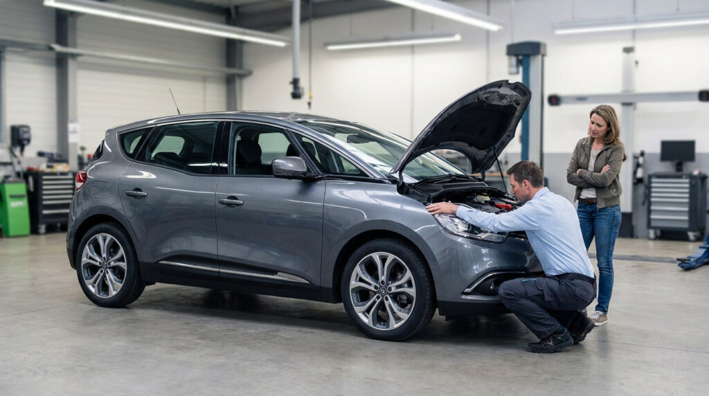 Un homme examine le moteur d'un Renault Scénic 4 gris capot ouvert dans un garage, sous le regard d'une femme.
