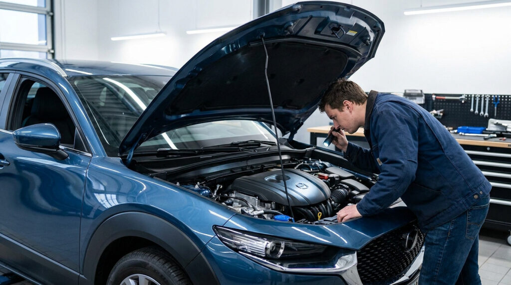 Un mécanicien examine attentivement le moteur ouvert d'une voiture bleue à l'aide d'une lampe torche dans un garage.