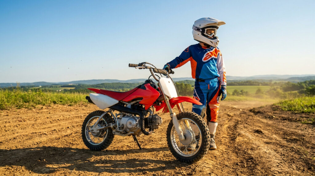 Jeune pilote en tenue de motocross à côté d'une moto rouge sur un chemin de terre, sous un ciel bleu dégagé.