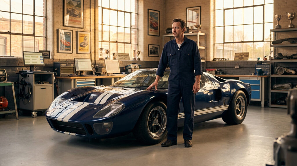 Peter Miles, héritier de Ken Miles, posant fièrement à côté d'une Ford GT40 bleue et blanche dans un garage lumineux.