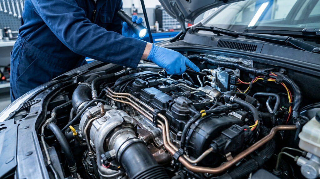 Mécanicien en gants bleus inspectant un moteur de Peugeot avec une lampe torche, pointant une pièce pour diagnostic.
