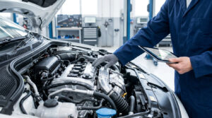 Un mécanicien en gants gris inspecte un moteur de voiture ouvert, utilisant une tablette numérique de diagnostic.
