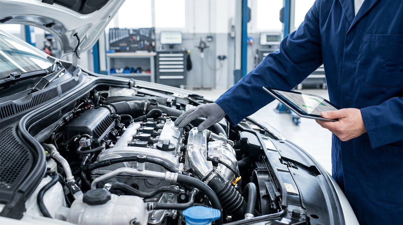 Un mécanicien en gants gris inspecte un moteur de voiture ouvert, utilisant une tablette numérique de diagnostic.