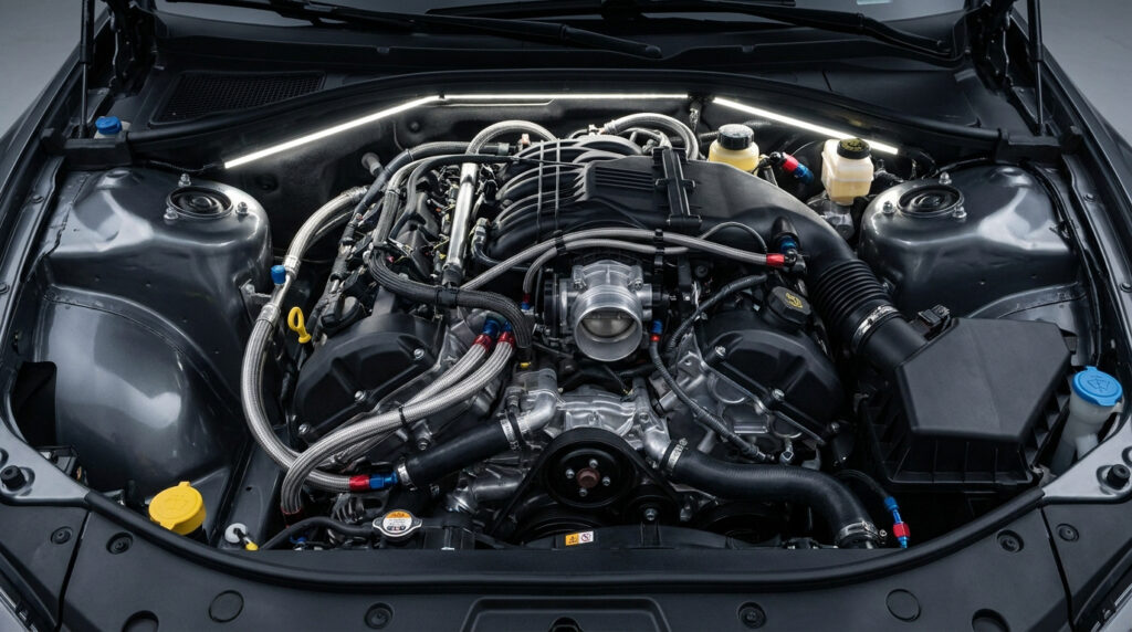 Vue rapprochée d'un moteur automobile propre et éclairé, montrant ses composants complexes, tuyaux et corps de papillon.