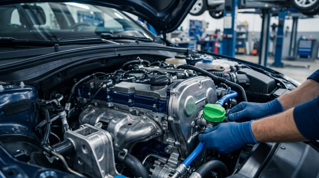 Mains d'un mécanicien en gants bleus travaillant sur le moteur d'une voiture ouverte dans un atelier de réparation automobile.