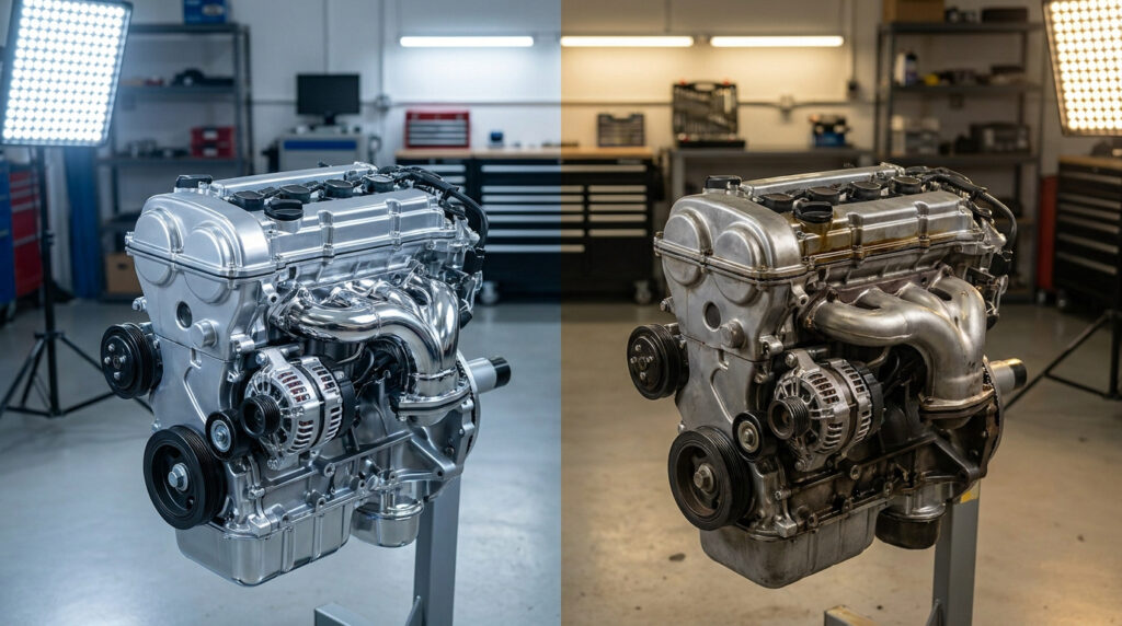 Deux moteurs essence de voiture côte à côte, l'un neuf et brillant, l'autre usé et patiné, dans un atelier.