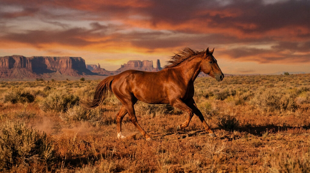 Un cheval mustang alezan galope dans un paysage aride de l'Ouest américain, avec des mesas sous un ciel de crépuscule.