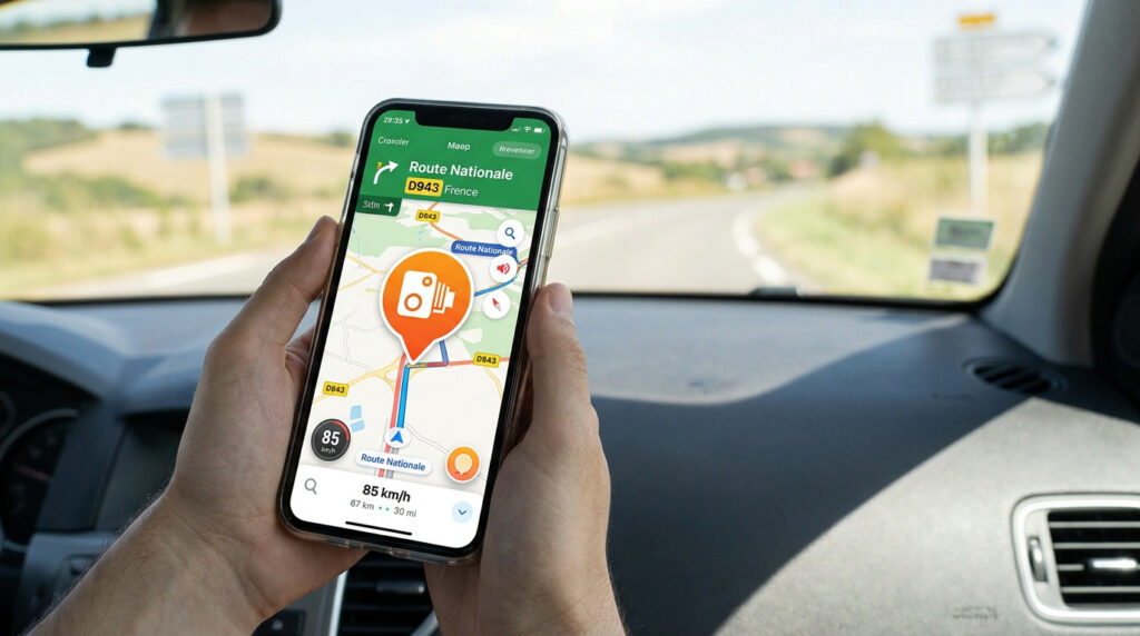 Personne tenant un smartphone affichant Google Maps dans une voiture. L'écran montre une alerte radar sur la Route Nationale D943.