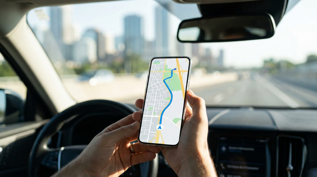 Vue depuis l'habitacle d'une voiture, des mains tiennent un smartphone affichant une carte d'itinéraire GPS sur une route urbaine.