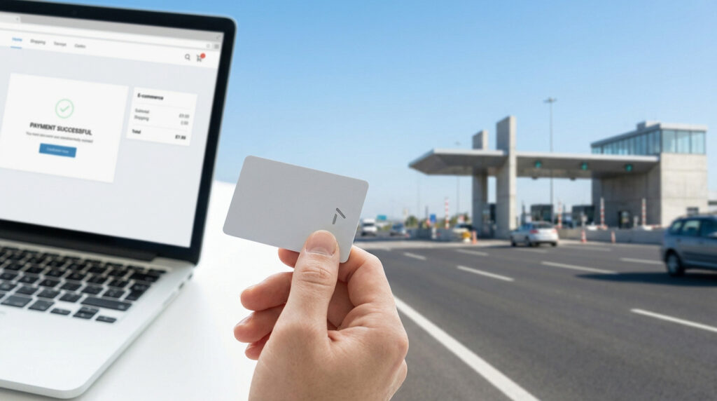 Écran d'ordinateur montrant un paiement réussi pour un badge télépéage, avec une main tenant le badge devant un péage autoroutier.
