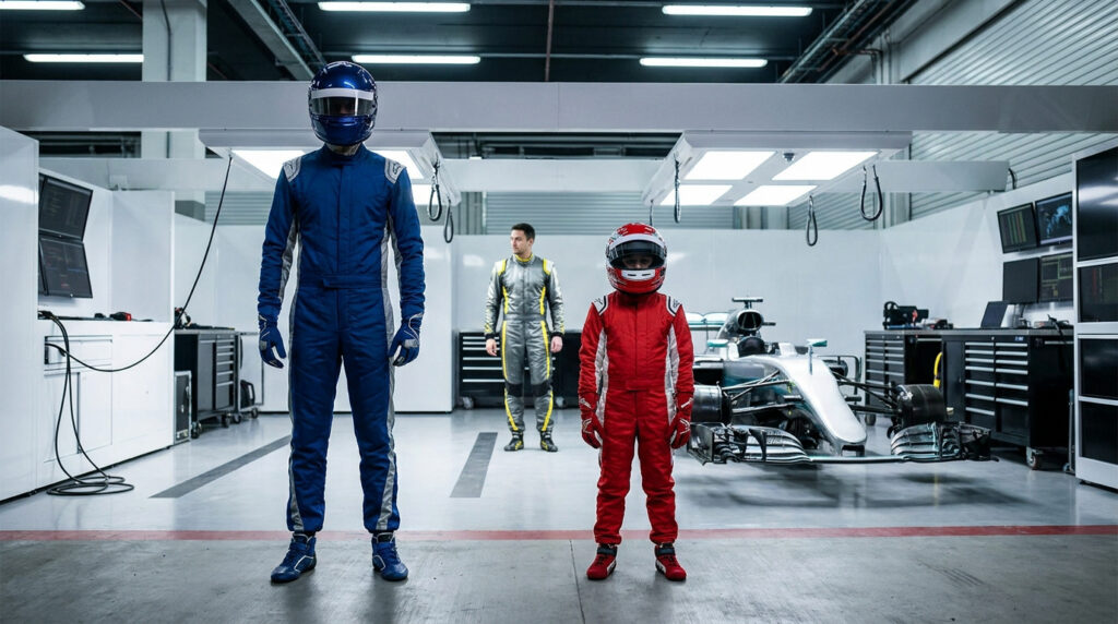 Trois pilotes de F1 de différentes tailles dans un stand : un grand en bleu, un enfant en rouge, un adulte en gris, avec une F1.