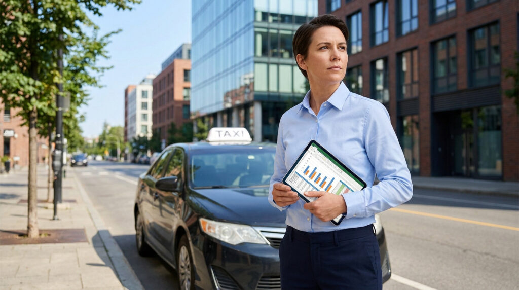 Une femme tient une tablette avec des graphiques financiers, un taxi noir est derrière elle dans une rue urbaine ensoleillée.