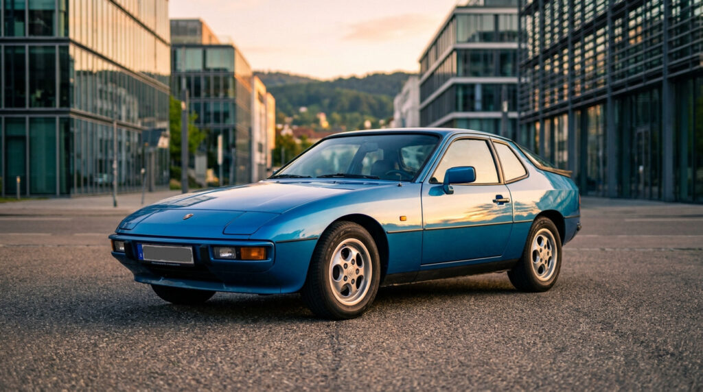 Porsche 924 coupé bleue sur l'asphalte. Bâtiments modernes et collines en arrière-plan au coucher du soleil, reflets sur la carrosserie.