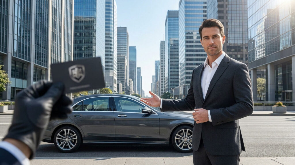 Un chauffeur VTC élégant près de sa voiture de luxe, une carte professionnelle tenue par une main gantée au premier plan, devant des gratte-ciel.