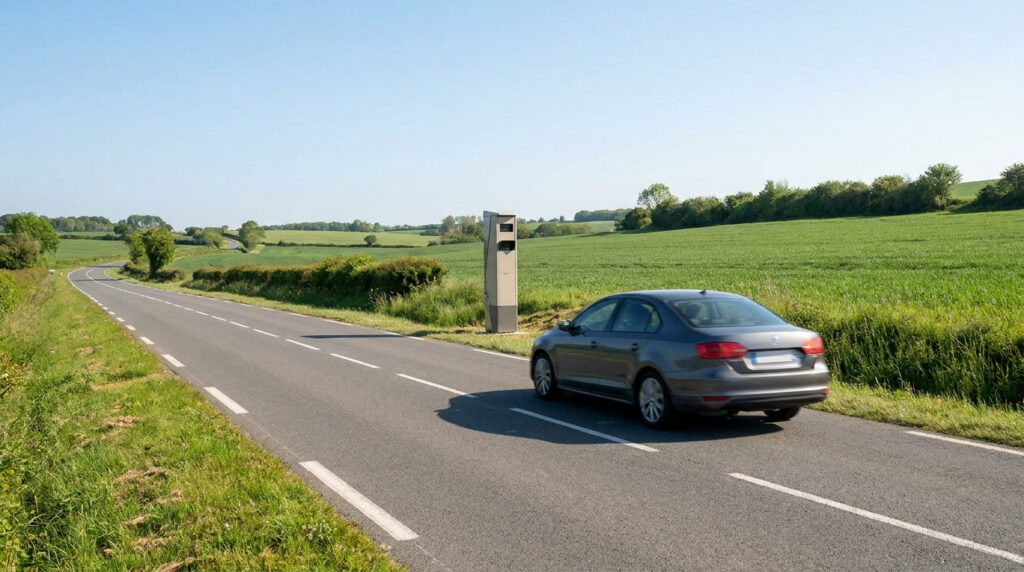 Une voiture grise dépasse un radar de vitesse fixe sur une route de campagne sinueuse, entourée de champs verts sous un ciel bleu.