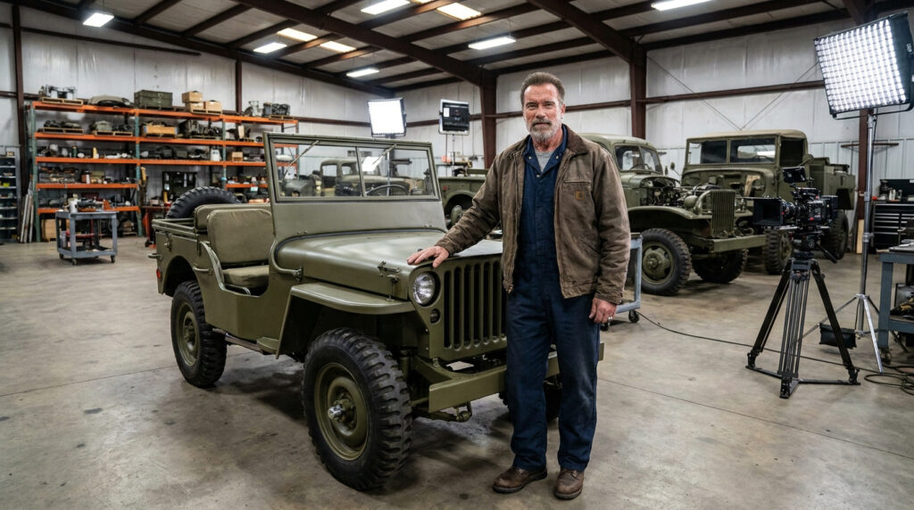 Arnold Schwarzenegger, veste marron, salopette, posant près d'une Jeep militaire verte dans un hangar. Au fond, d'autres camions et matériel de tournage.