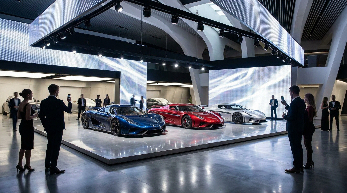 Vue d'une exposition de luxe avec trois supercars Koenigsegg (bleue, rouge, argentée) admirées par des invités élégants prenant des photos.