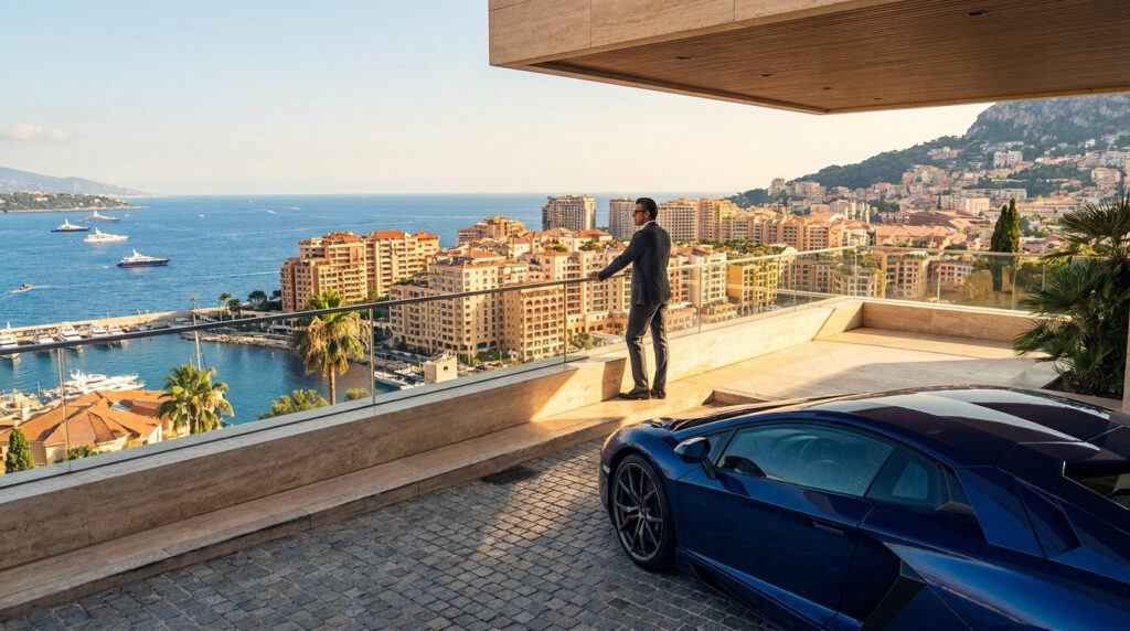 Un homme en costume sur un balcon luxueux à Monaco, face à la mer et aux yachts, avec une Lamborghini bleue.