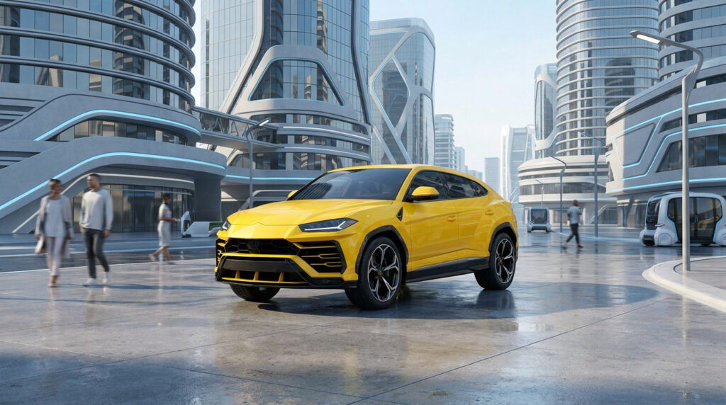 Un Lamborghini Urus jaune est stationné au premier plan d'une rue bordée de gratte-ciel futuristes et de passants.