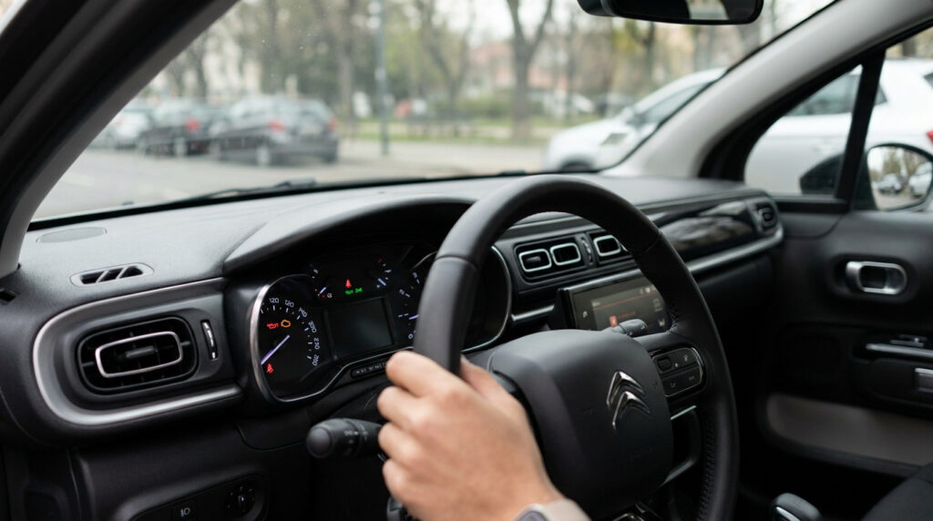 Vue intérieure d'une Citroën C3 montrant le tableau de bord avec plusieurs voyants d'alerte allumés et une main sur le volant.