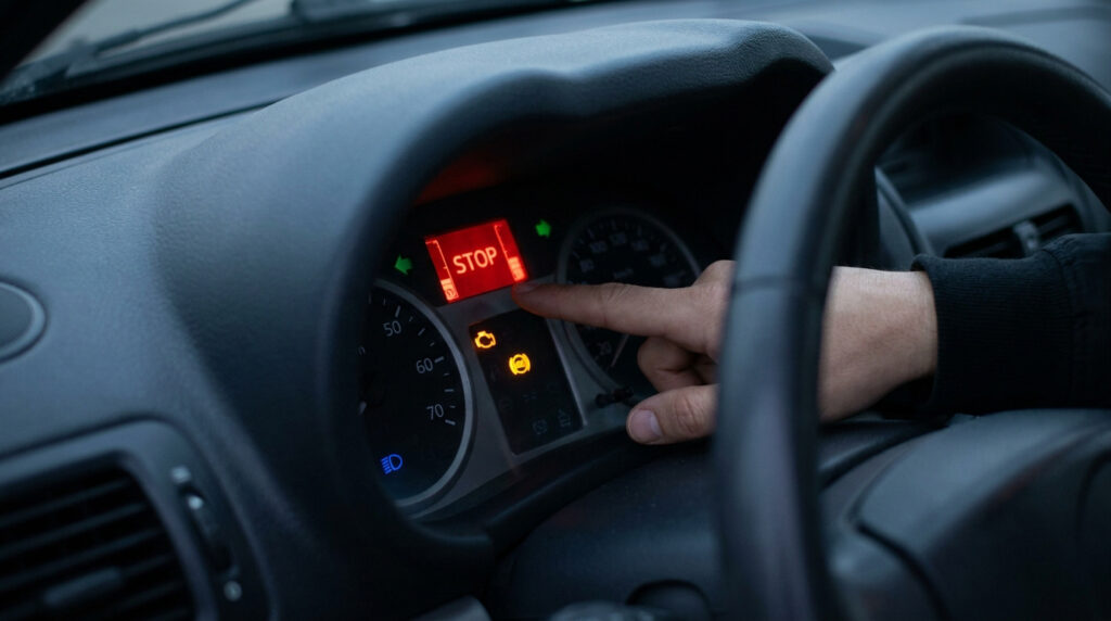 Un doigt pointe le voyant rouge "STOP" sur le tableau de bord d'une Clio 2, avec d'autres témoins lumineux d'alerte.
