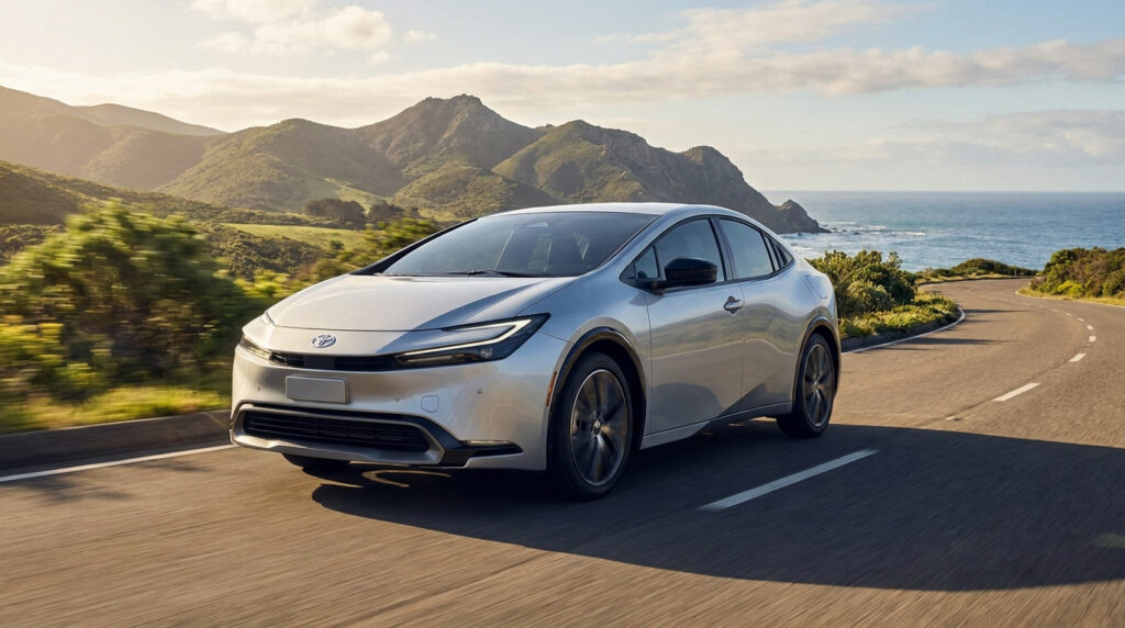 Toyota Prius argentée roulant sur une route côtière sinueuse, avec des montagnes verdoyantes et l'océan en arrière-plan sous un ciel lumineux.