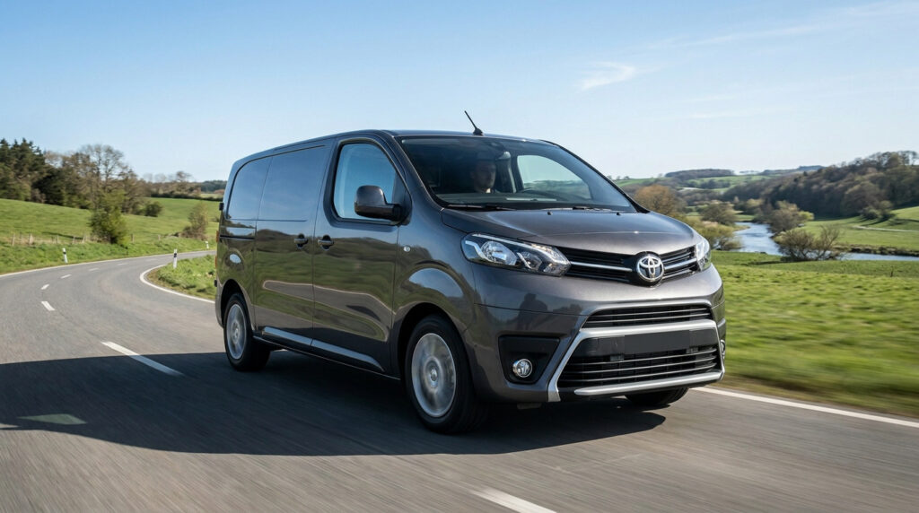 Fourgon gris Toyota Proace en mouvement sur une route sinueuse de campagne, avec collines, arbres et rivière sous un ciel bleu.