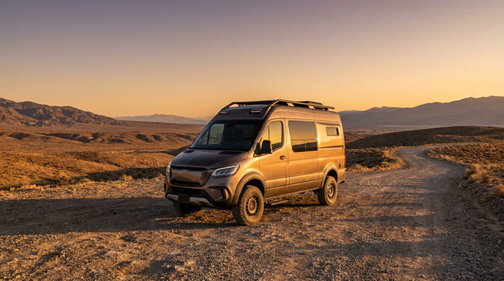Van aménagé Dacia Sandman marron sur chemin de terre au coucher du soleil, montagnes et ciel orangé en arrière-plan.