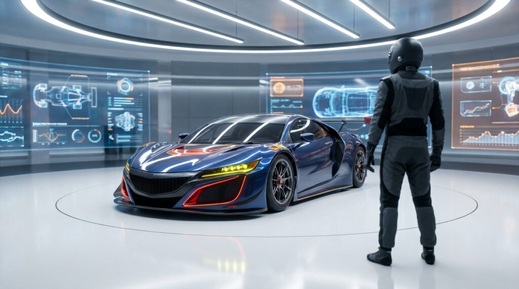 Voiture de course futuriste bleue, pilote en combinaison, écrans holographiques de données techniques dans un labo moderne.